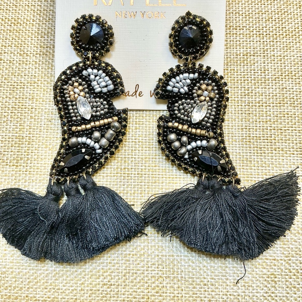 Kaylee Elegant Black Beaded Tassel Earrings